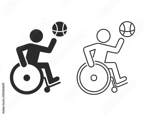 Diverse representation: silhouette and outline icons of a person in a wheelchair playing basketball, symbolizing inclusion and adaptive sports