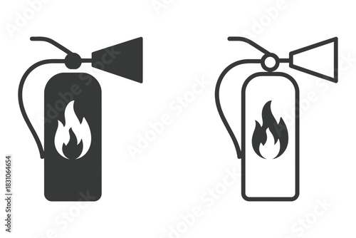 Two fire extinguishers, one solid black icon and one outline icon, symbolizing fire safety and emergency response for prevention and control of fires.