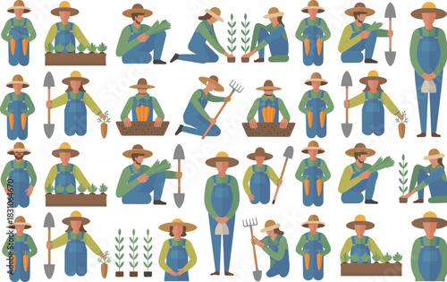 Farming, farmer, farmers, silhouette, silhouettes, agriculture, agricultural, hats, hat, tools, garden, planting, harvest, harvesting, crops, crop, field, fields, vector, set