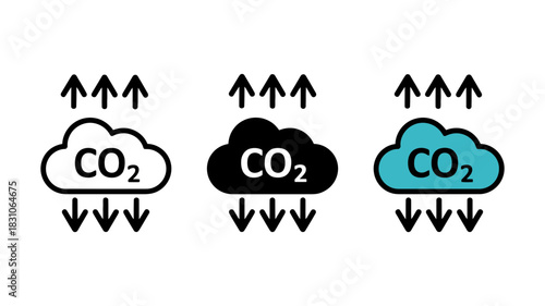 Co2 emission icons illustrating air pollution and climate change, with upward and downward arrows signifying gas exchange and atmospheric impact.
