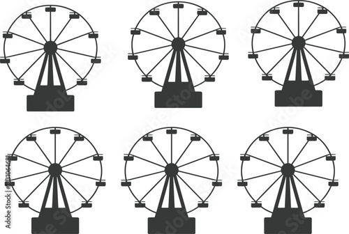 Ferris wheel silhouettes, amusement park icons, carnival ride vector, symmetrical layout, entertainment graphic, fairground clipart, theme park design
