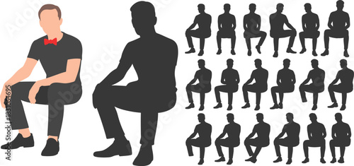 Flat male figure with red bow tie, side silhouette comparison, multiple seated person shadows, avatar pose set, corporate design asset, vector silhouette pack