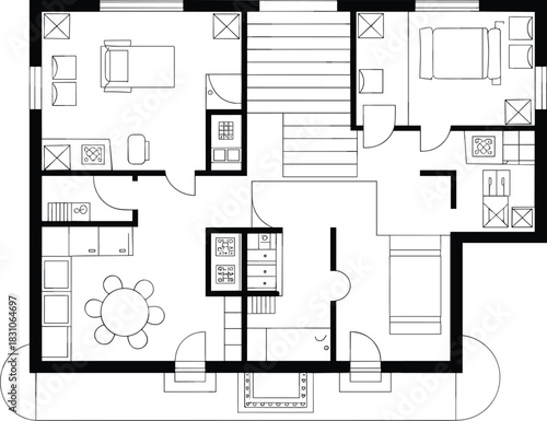 Floor plan, floorplan, house, home, apartment layout, architecture drawing, interior rooms, furniture, staircase, stairs, blueprint