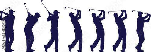 Golf swing silhouette sequence, golfer poses, golf club action icons, sports training artwork, outdoor athlete graphics, tournament vector illustrations, motion swing design assets