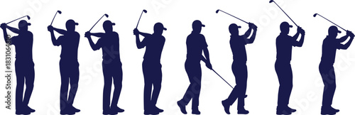 Golf player silhouette collection, swing pose set, sports training graphics, golfer action icons, golf club strike sequence, tournament design assets, pro golf vector illustrations