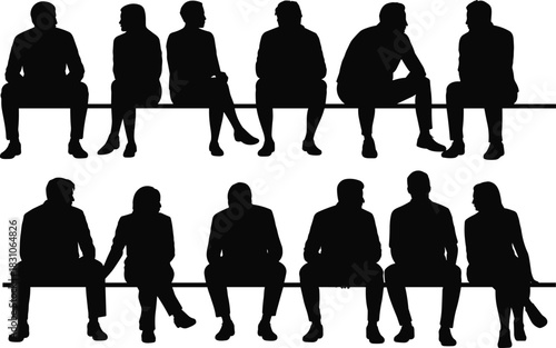 Group business silhouettes sitting in row, teamwork discussion, professional recruitment concept, corporate collaboration, waiting area people shapes, modern workplace design asset