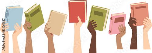 Hands holding books illustration, diverse readers, education concept, school library learning, knowledge vector set, multicultural design elements, student study artwork, reading icons collection