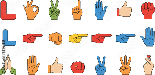 Hand Gesture Icons Set, OK Sign, Peace, Pointing, Fist, High Five, Thumb Up, Heart Fingers, Colorful Communication Symbols for UI, Social, Feedback, Emoji-Style Graphics