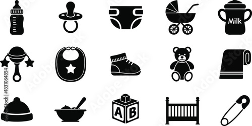 Baby Essentials Infant Care Silhouette Vector Nursery Icon Collection