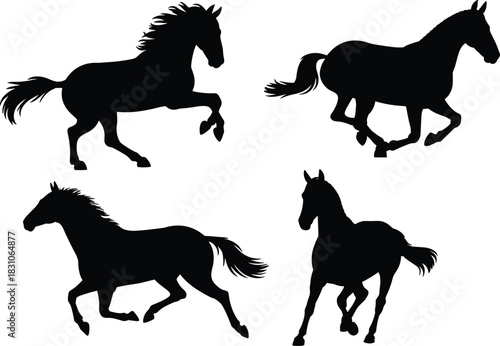 Horse silhouettes set, wild stallion vector collection, running, galloping poses, mane and tail motion, equestrian design, black isolated icons, farm animal bundle, white background