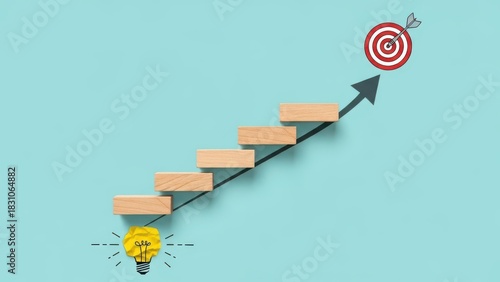 Business concept of achieving a goal through incremental steps represented by wooden blocks on an upward arrow leading to a target