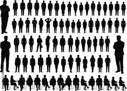 Human silhouette collection, black vector figures, standing, seated, posture study, gesture icons, body language, design asset, interaction chart