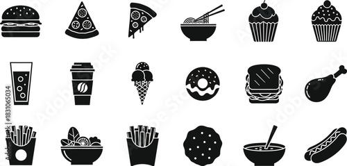 Fast Food Snacks Silhouette Vector Delicious Meal Icon Set