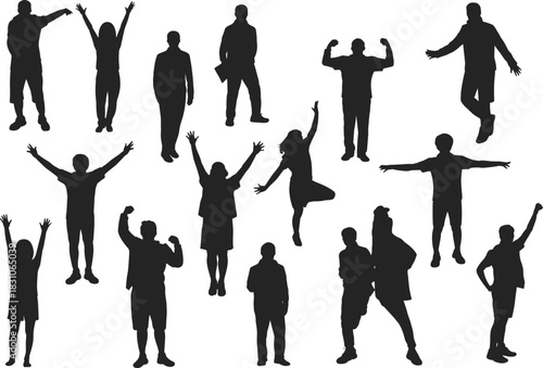 Human silhouette poses, black vector figures, standing, jumping, flexing, dancing, gesture icons, posture study, body movement, design asset
