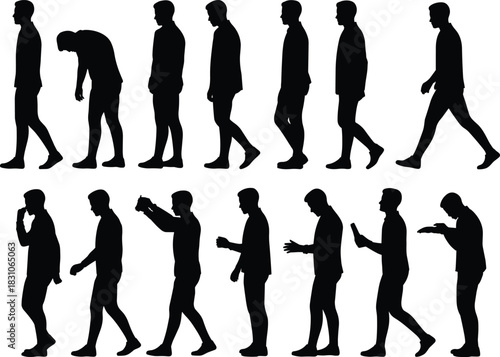 Human silhouette progression, black vector poses, walking, gesturing, device interaction, posture study, behavior chart, motion analysis, side profile