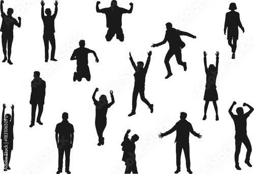 vHuman silhouette poses, black vector figures, standing, jumping, raising arms, gesture icons, posture study, body movement, design asset