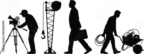 Industrial and media production silhouettes, videographer filming on tripod, lighting rig operator, business contractor carrying briefcase, cable and wheelbarrow tools worker, white background.