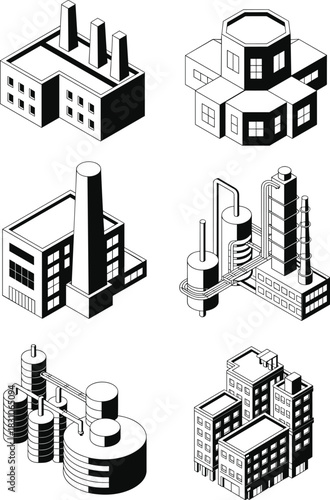 Industrial building silhouettes set, factory, plant, refinery, manufacturing architecture vector icons, isometric industry structures, city infrastructure elements isolated on white background