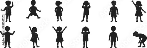 Kids silhouettes set, children pose outlines, playful jumping, standing, hands up celebration gestures, childhood activity bundle, minimal black shadow figures, isolated white vector design asset