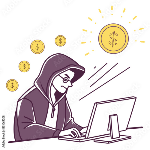 Anonymous hacker in a hoodie using a laptop to steal money represented by glowing dollar coins