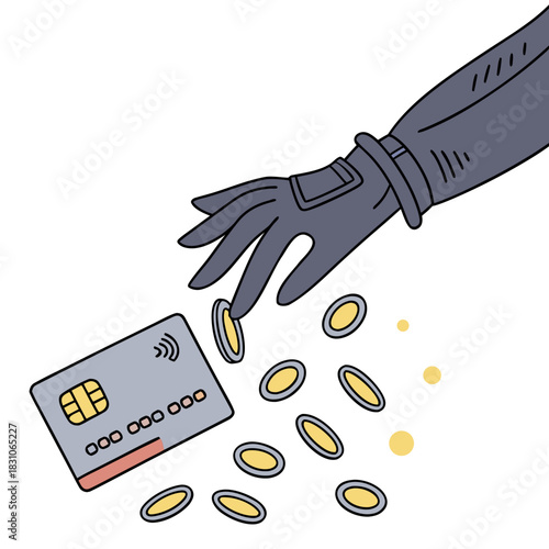 Hand in a dark glove reaching for a credit card and dropping coins symbolizing financial loss or theft