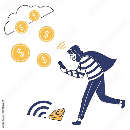 Cyber criminal stealing money from cloud storage using smartphone and wireless technology