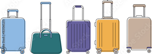 Luggage, suitcases, travel, bags, rolling, carry-on, wheels, airport, baggage, tourism, vacation, gear, trunk, mobility, journey, outline, outlines, vector, collection, set
