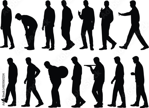 Male silhouette poses, black vector man, walking, bending, pointing, standing, gesturing, carrying, posture study, body language, design asset