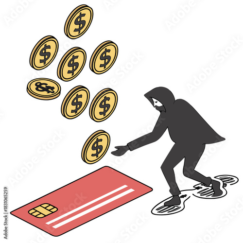 Anonymous hacker stealing money from credit card with falling dollar coins in a stylized illustration