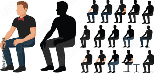 Man character flat illustration, bow tie, side silhouette contrast, seated pose variations, stool chairs, shadow vector pack, corporate design asset, isolated white background