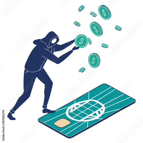Anonymous hacker stealing money coins from a credit card with a global network symbol