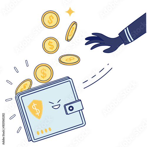 Thief in a black glove reaching for falling gold coins and a scared wallet with a shield