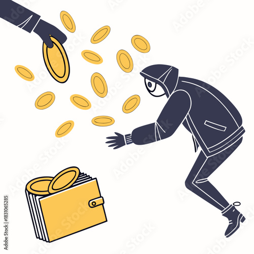 Anonymous thief in a hoodie steals falling gold coins from a wallet with outstretched hands