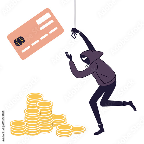 Anonymous hacker fishing for credit card information and stealing money with a fishing rod