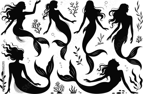 Mermaid silhouettes, underwater mythical women, ocean coral sea plants, fantasy siren pose vectors, black vector art isolated white background set.