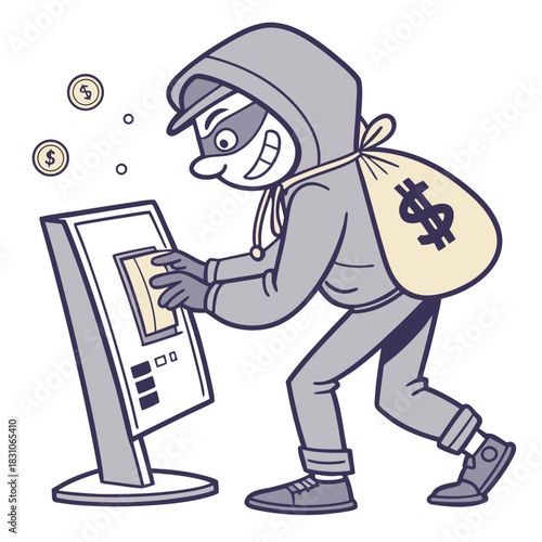 Cartoon thief in a mask and hoodie stealing money from an atm with a money bag