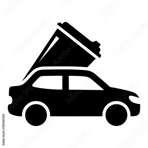 Black Car Topped with Tall, Overhanging, Cylindrical Container Graphic