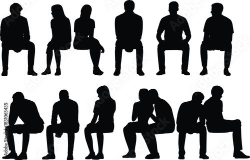 People silhouettes sitting on chairs, men and women shadow profiles, interview waiting poses, group conversation shapes, corporate vector pack, isolated design asset