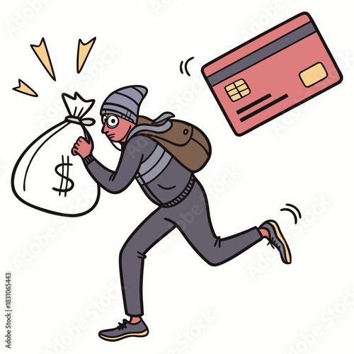 Cartoon thief running with a bag of money and a credit card flying away