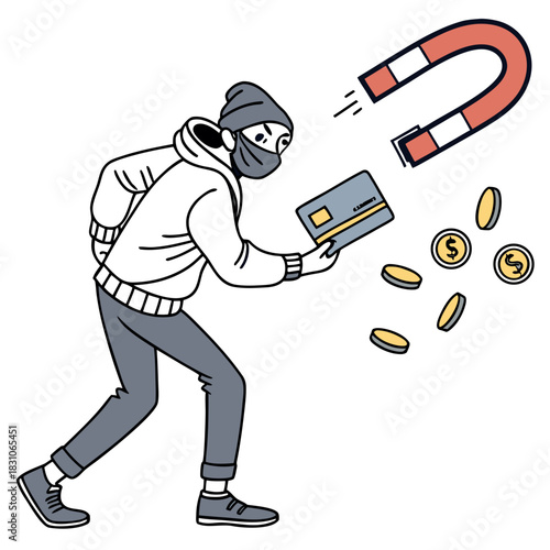 Anonymous thief wearing mask and hat uses credit card to attract coins with a large magnet