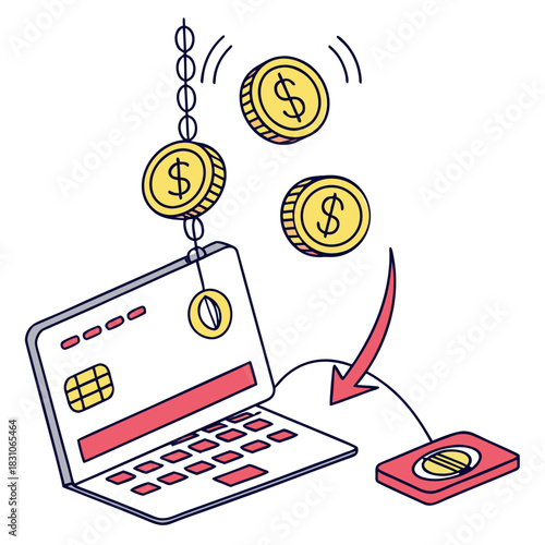 Digital payment concept with coins falling into a laptop and a credit card reader