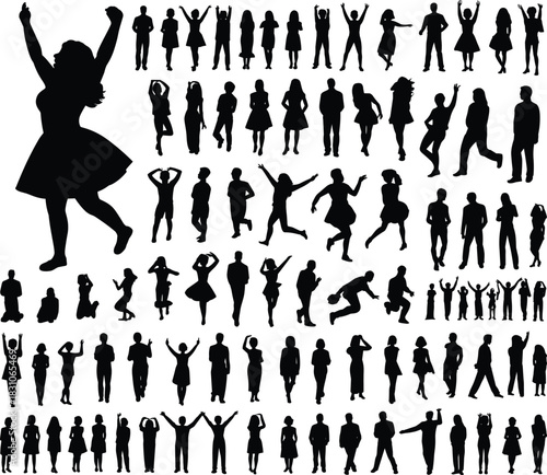 People silhouettes, joyful crowd poses, women jumping cheering shapes, celebration event figures, lifestyle motion vector set isolated on white background.
