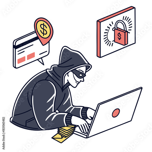 Cyber criminal wearing a mask and hoodie hacking into a computer with credit card and money symbols