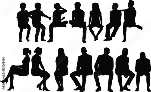 People Silhouettes, Sitting and Jumping, Group Shapes, Friends Interaction, Business Seating Row, Casual Social Shadow Figures, Diverse Crowd, Youth and Adult Profiles