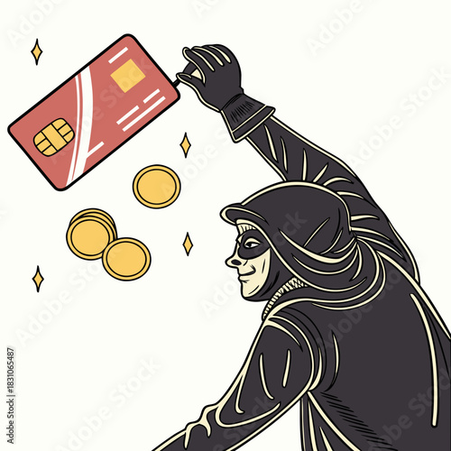 Illustration of a cartoon thief wearing a mask and hood stealing a credit card and coins