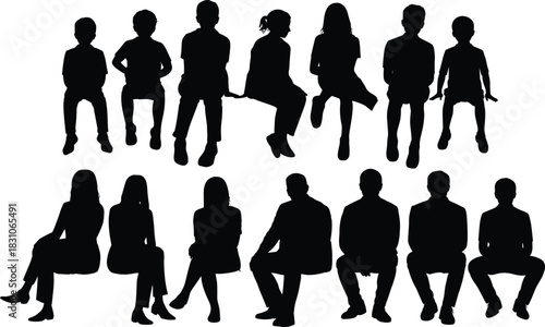 People Silhouettes, Sitting Group Row, Friends Crowd Shadow, Casual Team Profiles, Diverse Adults, Youth, Social Interaction Figures, Black Shadow Collection, Isolated Vector Style