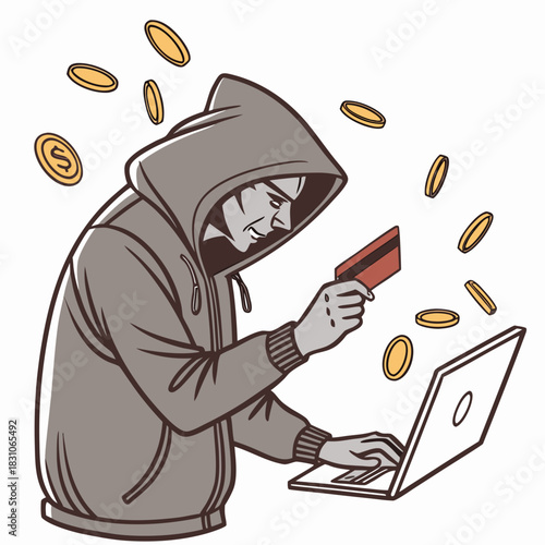 Anonymous hacker wearing a hood uses a credit card and laptop with coins falling around them