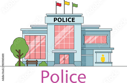 Police Station Building Illustration, Law Enforcement Office, City Security Headquarters, Government Facility, Urban Street Scene for UI, Web Banner, Poster Design