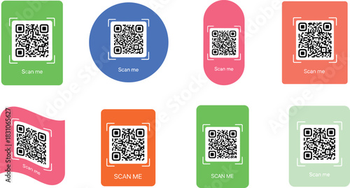QR Code Scan Buttons, Frames, Labels, Bright Green, Blue, Coral, Circle, Rounded, Square UI Stickers, Mobile App Call to Action, Digital Interaction Icons
