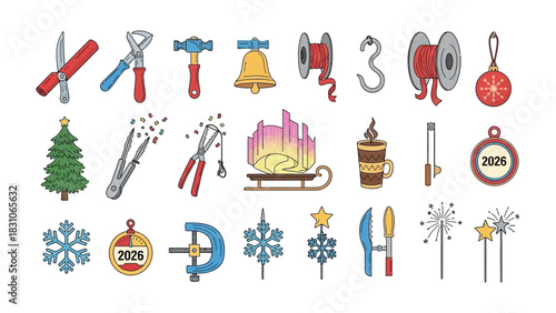 Festive Assortment: A delightful collection of holiday-themed illustrations, showcasing seasonal ornaments and decorations.